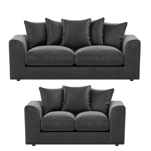 Image of Bliss Furniture Plush Velvet 3 and 2 Seater Sofa Set, Soft Velvet 3+2 Lounge Suite with Deep-Filled Scatter Back Cushions, Complete Matching UK Family Living Room (Grey)