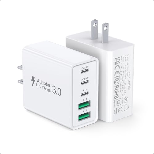 2Pack USB C Fast Charger Block,60W 5-Port USB Wall Charger Brick,2 USB A & 3 USB C PD3.0 Power Adapter Multiport Type C Charging Plug for iPhone 17/16/15/14,Pad Mini/Pro,AirPods 4,GalaxyS25(White)