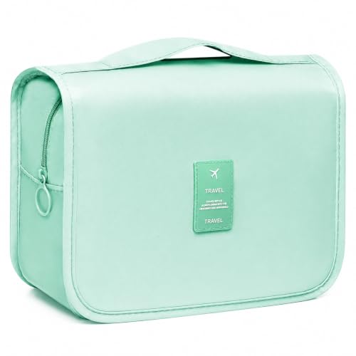 Image of Travel Toiletry Bag, Light Blue | Hanging Hook, Waterproof, Foldable, Mesh & Transparent Compartments