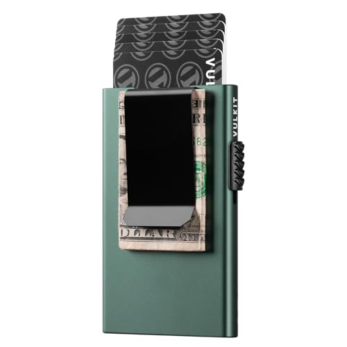 Image of VULKIT Minimalist Wallet with Money Clip RFID Protection Pop Up Card Holder Slim Wallet Credit Card Holder Metal Wallet, Midnight Green