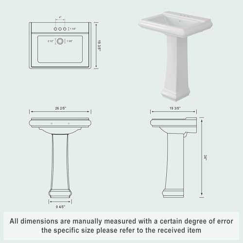 26\" W X 20\" D Bathroom Pedestal Sink, Rectangular White Ceramic Vanity Sink with Overflow and 3 Pre-Drilled Holes - Fits 4-Inch Faucets,Freestanding Restroom Sink Combo for Small Spaces