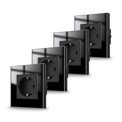 JIMEIDA Pack de 4 bases de enchufe cristal negro empotradas, 1 compartimento Bases Schuko contacto de protección toma de pared 16Amp, 250V, 86mm*86mm