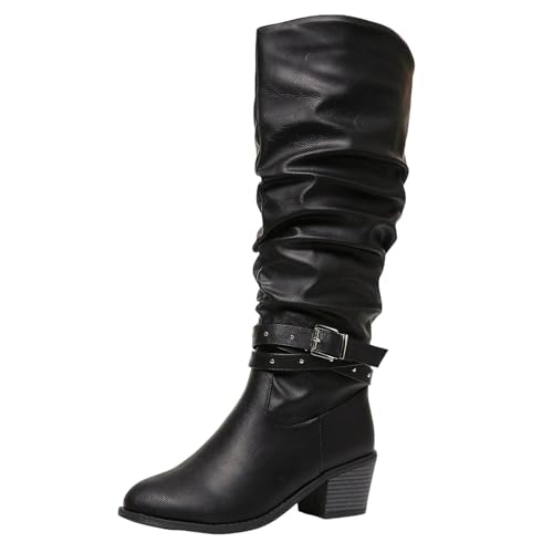 Botas de caballero para mujer estilo retro con tacón alto occidental de cuero largo
