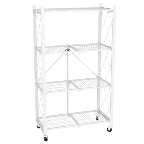 Image of black leopard 4-Tier Foldable Metal Storage Shelf with Wheels, White | Foldable Design; 85 lb Capacity per Shelf; Preassembled Frame; Lockable Casters; Reinforced Metal Construction