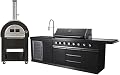 3 Piece Pizza Oven + Black Stainless Steel 6 Burner Black Marble Top Modular Island BBQ Outdoor Electric Propane Grill Kitchen with Fridge, Sink, Side Burner, LED Lights on Knobs, and Grill Cover