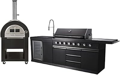 3 Piece Pizza Oven + Black Stainless Steel 6 Burner Black Marble Top Modular Island BBQ Outdoor Electric Propane Grill Kitchen with Fridge, Sink, Side Burner, LED Lights on Knobs, and Grill Cover