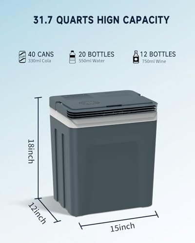 SubSun Electric Cooler and Warmer with Handle,32Quart (30 L) Portable Thermoelectric Fridge, Car Fridge Cooler with 12V DC & 110 AC for Camping, Travel & Picnics,Grey