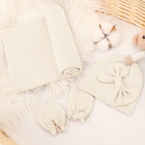 Image of AQOKKA Newborn Receiving Blanket with Bow Hat Mittens Wooden Card Set Newborns Toddler Baby Boy Girl Nursery Swaddle Wrap