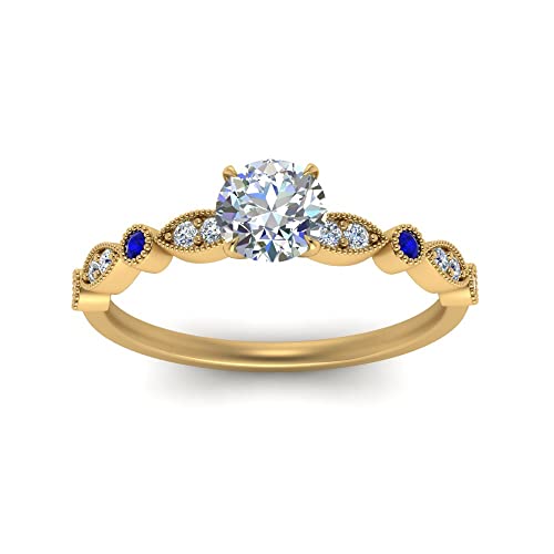 Image of Choose Your Gemstone Vintage Scalloped Diamond CZ Ring Yellow Gold Plated Round Shape Milgrain Engagement Rings Matching Jewelry Wedding Jewelry Easy to Wear Gifts US Size 4 to 12