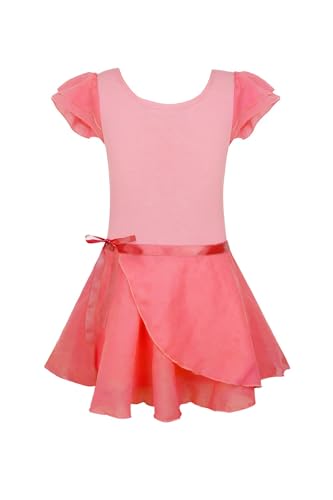 Image of EQSJIU Ballet Leotards for Girls with Removable Skirt Combo Tie Ruffle Sleeve Ballet Dance Dress Outfit 2-12 Years