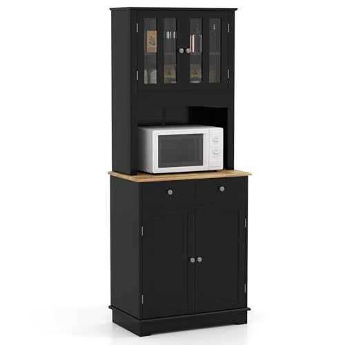 GOPLUS Alacena de Cocina, Armario Cocina con 2 Cajones y Puertas, 3 Estantes Ajustables, Alacena con Estantes Ajustables, Armario Despensa para Comedor, 68 x 40 x 170 cm (Negro)