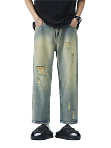 Jeans Pants Trouser Denim Spring Summer Straight Nine Point Piercing Street Handsome Casual Men