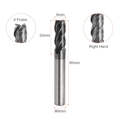 Image of HARFINGTON Carbide Square Nose End Mill Bit 8mm Cut Dia 4 Flutes TiAlN Coated Milling Cutter for Hardened Steel Metal (8mm Shank 20mm Cut Length 60mm Long 45 Degree HRC53-55)