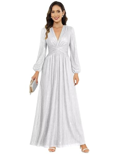 Image of Women's Formal Wedding Guest V Neck Glitter Sequins Mother of The Bride Dresses Long Sleeve