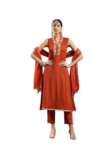Image of Stylum Women's Solid & Embroidered Crepe A-Line Kurta with Dupatta