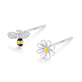 ピアス Silver925 シルバーっピアス シルバー ゴールド 18Ｋコーティング ミツバチ 蜜蜂 花 フラワー はな 左右非対称 アシンメトリー 金属アレルギー対応 (シルバー)