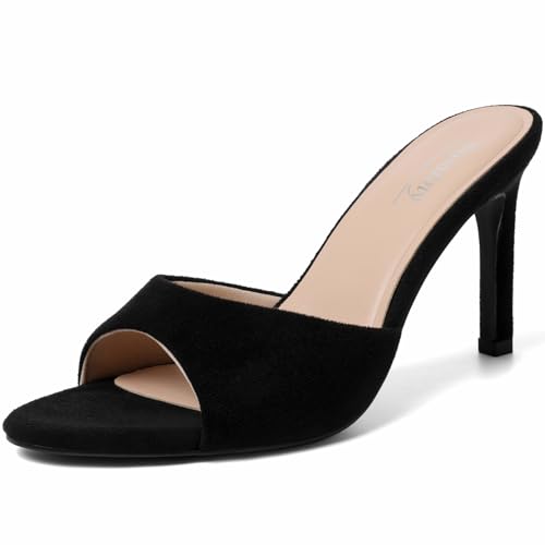 Susanny Women's Sandals Heels Mule High Heels Pointed Open Toe Sandals Sexy Slip on Heeled Summer Casual Wedding Prom Party Comfortable Dressy Shoes, Black Suede, 6 UK
