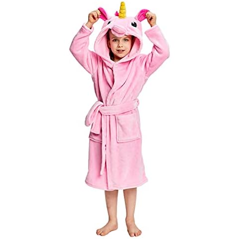 Newcosplay Unisex Kids Animals Plush Soft Unicorn Hooded Bathrobe (Pure Pink, 11-12 Years) Cover