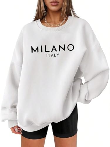 vblane Crewneck Oversized Sweatshirt for Women Preppy Graphic Pullover Casual Loose Long-Sleeve Tops Milano White Large