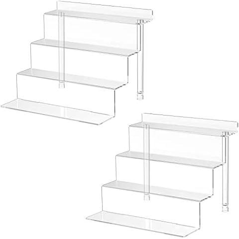 WINKINE Acrylic Display Shelf, 2 Pack Acrylic Display Makeup Stands 4 Tier Acrylic Riser Displays, Clear Display Shelf Organizer for Cabinet, Countertops, Tabletop Desktop Cover