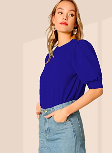 Image of Dream Beauty Fashion Women's Puff Sleeve Round High Neck Top Balloon Bishop Sleeve Elegant Casual Tee (23 inch Inches)- (Top Sofia P)