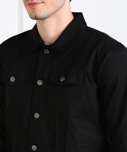 Image of MONTREZ Men Spread Collar Washed Lightweight Casual Denim Jacket (Black)
