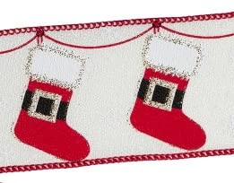 Image of Glitter Christmas Stocking Wired Ribbon - 2 1 /2 inch x 10 Yards, Off White, Vibrant Red, Snowflakes, Glitter Buckle, Wreath, Garland, Christmas Tree Ribbon, Classroom, Gift Basket