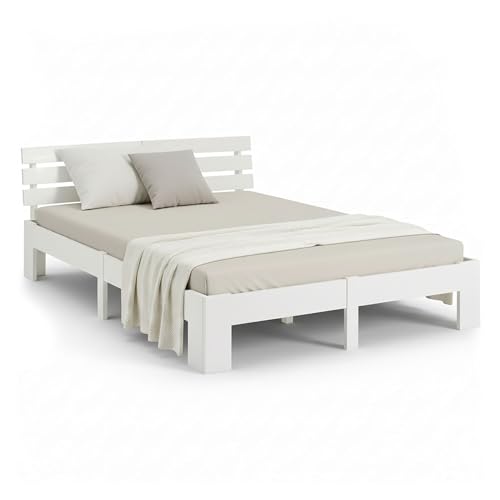 Homestyle4u Holzbett 140x200 Weiß, Bett Massivholz Kiefer mit Lattenrost, Doppelbett im Skandi Design Schlafzimmer Jugendzimmer Gästezimmer