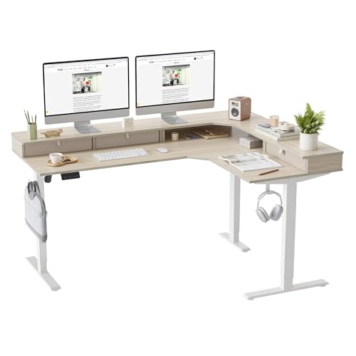 Image of FEZIBO L-Shaped Electric Standing Desk, 63 x 48 Inches Large Height Adjustable, Reversible Tabletop, Corner Desk with Drawers, Ergonomic Computer Table, Light Walnut Top