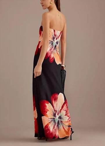 Image of Women Floral Strapless Maxi Dress Y2K Bodycon Tube Long Dresses Sexy Party Formal Cocktail Beach Slit Dress