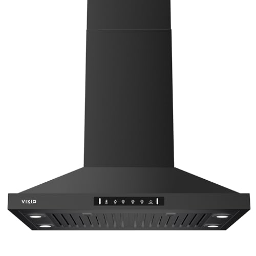Image of VIKIO HOME Island Range Hood 30 Inch, 390 CFM kitchen Hood with Touch /Gesture Control, Ceiling Mount Kitchen Vent Hood, Convertible Ducted /Ductless, 3-Speed Fan&4 LED Lights, 2 Baffle Filters, Black