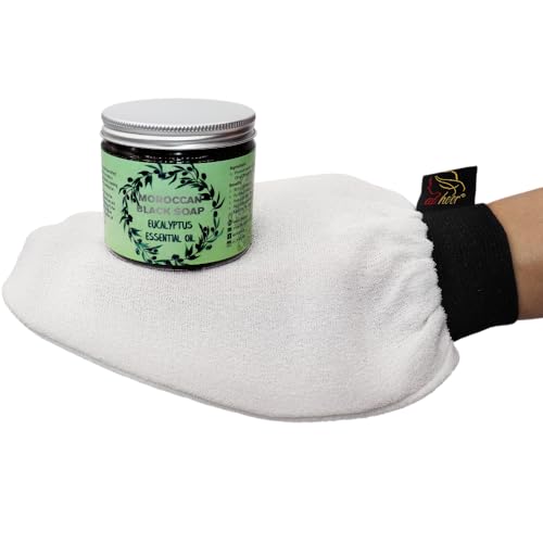 Image of AL HOOR Moroccan Black Olive Soap Infused In Eucalyptus Oil + Kessa Glove - Deep Acne Cleansing & Dead Skin Cells Remover (Eucalyptus/White Kessa)
