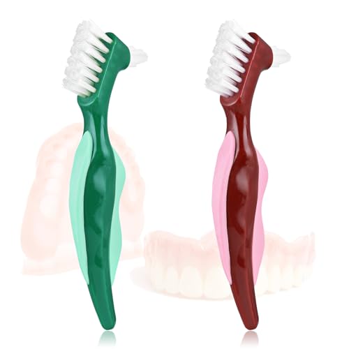 Qianyu 2 cepillos de dientes duros para dentaduras postizas de cerdas multicapa, herramientas de limpieza de dentaduras postizas portátiles, cepillo retenedor de cuidado dental de doble cara para