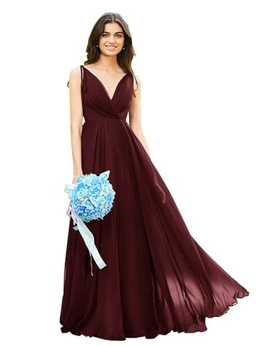 Image of HSFIYAKJ Bridesmaid Dresses Long Chiffon Formal Dress Open Back V Neck Evening Prom Gown for Women with Pockets