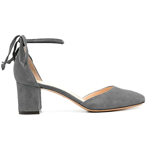 MOOMMO Women Ankle Strap Heels Pumps Shoes Low Chunky Block Heel Lace Up Sandals Round Closed Toe Cutout Dress Shoe Suede D-Orsay 2