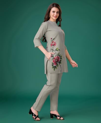Image of MOJILAA Women Linen Floral Print Causal Co-ord Set | Linen Co-ord Set | Printed Co-ord Sets | Causal Wear | A-line Co-ord | Top and Bottom Wear