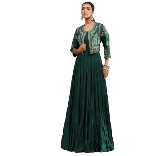 BIBA Women's City Silk Tiered Anarkali Floor Length Dress (SKDSUZDRM10042AW24EMGRN_Emerland Green