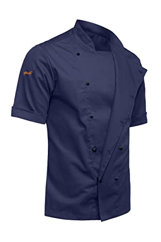 strongAnt easyClean Veste de chef à manches courtes pour homme avec boutons à billes en tissu résistant à la protection Slim Fit Professionnel uniforme de cuisine, Bleu foncé/117 g/m², M