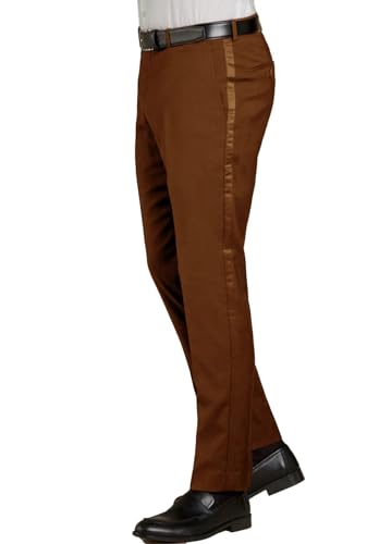 Men Dress Pants Flat Front Satin Stripe Trousers with Adjustable Waistband