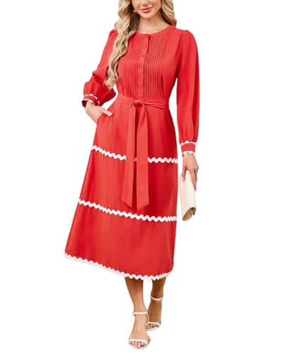 Women's Long Puff Sleeve Belted Midi Dress Button Up Scalloped
