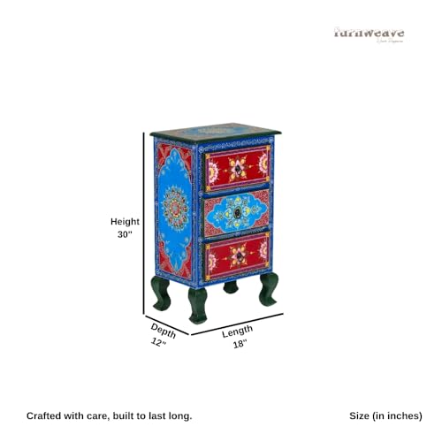 Image of Wooden Bedside Table for Bedroom | 3 Drawer Side Table | Handpainted Rajasthani Chest of Drawers | Solid Wood Small Bedside Table with Drawer Storage for Living Room (Handpainted-3)