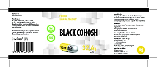 Traubensilberkerze (Black Cohosh) Wurzel-Extrakt 100mg 120 Vegane Kapseln, Laborgeprüft, Standardized To Contain At Least 5% Triterpene Glycosides, (Cimicifuga Racemosa)
