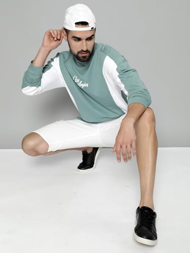 Image of Maniac Mens Printed Cutpanel Round Neck Fullsleeve Berly Green and White Cotton Oversized T-Shirt