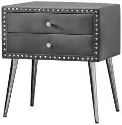 B109-TA Mesita de noche tapizada en terciopelo 100% duradero, remache plateado clásico, elegante diseño copetudo con dos cajones y patas de metal