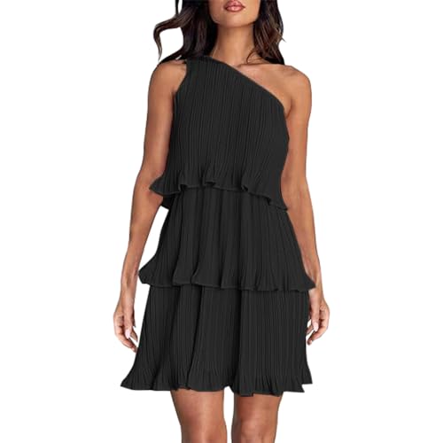 KonJim Abito estivo da donna 2024 monospalla senza maniche con orlo a volant abiti bohémien fluidi con volant a più livelli Midi Beach A-Line Abito casual in chiffon, Nero , L