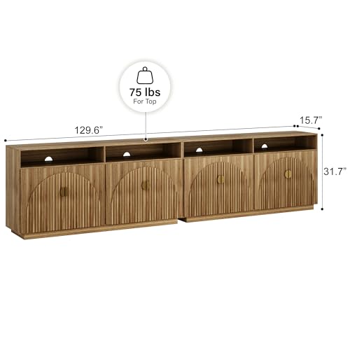 Image of BELLEZE Set of 2 65 Inch Fluted TV Stand, Mid Century Modern Entertainment Center with Storage Cabinets & Open Shelves, Media Console TV Cabinet with Adjustable Shelves for Living Room, Caramel Brown