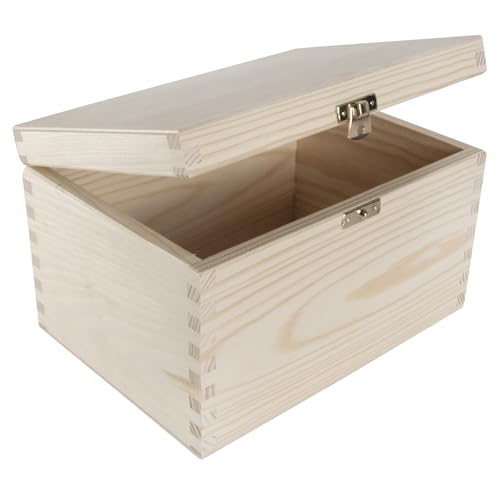 WooDeeDoo Rectangular Wooden Storage Box with Hinged Lid and Clasp – 22 x 16 x 13.5 cm – Pine Craft Case for Keepsakes Photos A6 Paper Gift Projects