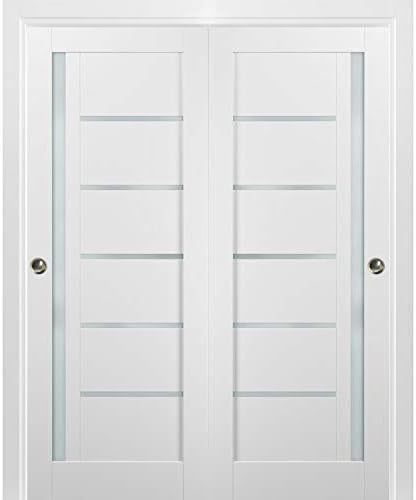 Sliding Closet Bypass Doors 60 x 80 with Hardware | Quadro 4088 White Silk with Frosted Opaque Glass | Sturdy Top Mount Rails Moldings Trims Set | Kitchen Lite Wooden Solid Bedroom Wardrobe Doors