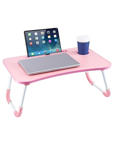 Image of CROWNSHOP Laptop Table, 60 X 40 X 28cm Bed Table, Bed Desk Stand With Foldable Legs & Cup Slot Notebook Stand Computer Laptop Bed Table Laptops Tray For Sofa Bed, Pink (Pink)