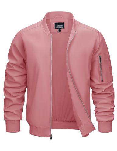CRYSULLY Men's Full Zip Outerwear Thin Long Sleeve Sport Windbreaker Bomber Jacket Grey Pink, (SKHTD-53-Grey Pink-XL)